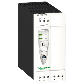Schneider Electric Switching Power Supply; 24VDC OUT; 5A; 85-264VAC / 120-250VDC IN; Single Phase; DIN Rail or Panel Mount; Plastic